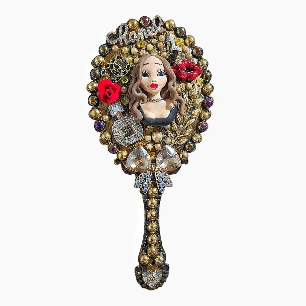 Handheld Beauty Makeup Mirror Clay Doll Bling Embellished Decorated Gold Black